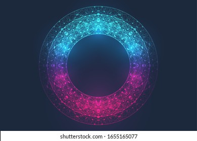 Circular quantum computer technology concept. Sphere explosion background. Deep learning artificial intelligence. Big data algorithms visualization. Waves flow. Quantum explosion, vector illustration.
