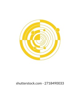 Ícone do sistema de radar circular com círculos concêntricos e pequenos planetas representando o rastreamento da tecnologia de navegação de detecção