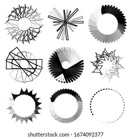 Circular and radial abstract mandalas, motifs, decoration design elements. Black and white generative geometric and abstract art shapes