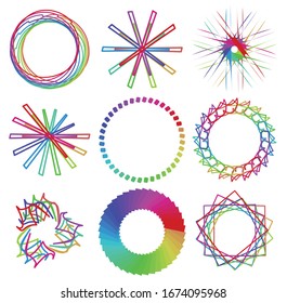 Circular and radial abstract mandalas, motifs, decoration design elements with spectrum colors. Generative geometric and abstract art shapes