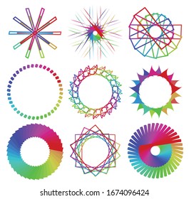 Circular and radial abstract mandalas, motifs, decoration design elements with spectrum colors. Generative geometric and abstract art shapes