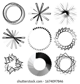 Circular and radial abstract mandalas, motifs, decoration design elements. Black and white generative geometric and abstract art shapes