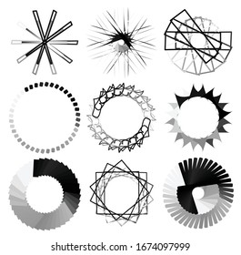 Circular and radial abstract mandalas, motifs, decoration design elements. Black and white generative geometric and abstract art shapes