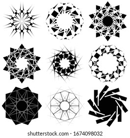 Circular and radial abstract mandalas, motifs, decoration design elements. Black and white generative geometric and abstract art shapes