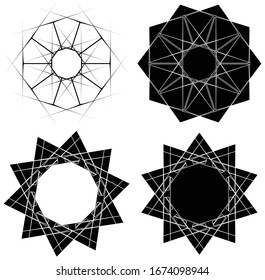 Circular and radial abstract mandalas, motifs, decoration design elements. Black and white generative geometric and abstract art shapes