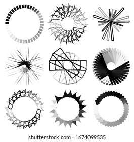 Circular and radial abstract mandalas, motifs, decoration design elements. Black and white generative geometric and abstract art shapes