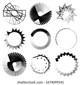 Circular and radial abstract mandalas, motifs, decoration design elements. Black and white generative geometric and abstract art shapes