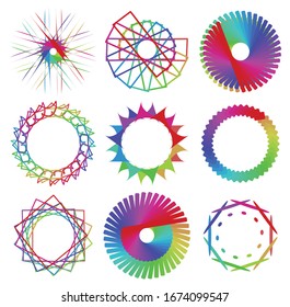 Circular and radial abstract mandalas, motifs, decoration design elements with spectrum colors. Generative geometric and abstract art shapes