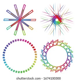 Circular and radial abstract mandalas, motifs, decoration design elements with spectrum colors. Generative geometric and abstract art shapes