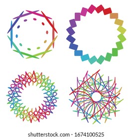 Circular and radial abstract mandalas, motifs, decoration design elements with spectrum colors. Generative geometric and abstract art shapes