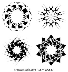 Circular and radial abstract mandalas, motifs, decoration design elements. Black and white generative geometric and abstract art shapes