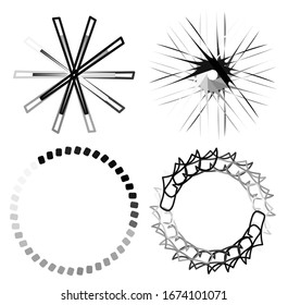 Circular and radial abstract mandalas, motifs, decoration design elements. Black and white generative geometric and abstract art shapes