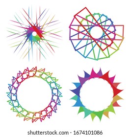 Circular and radial abstract mandalas, motifs, decoration design elements with spectrum colors. Generative geometric and abstract art shapes