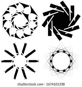 Circular and radial abstract mandalas, motifs, decoration design elements. Black and white generative geometric and abstract art shapes