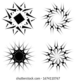 Circular and radial abstract mandalas, motifs, decoration design elements. Black and white generative geometric and abstract art shapes