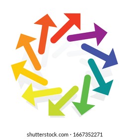 Circular, radial arrows for burst, extension, alignment themes. Dissolve, extend radiating pointer illustration. Expand, radiation cursor, arrow design