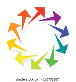 Circular, radial arrows for burst, extension, alignment themes. Dissolve, extend radiating pointer illustration. Expand, radiation cursor, arrow design