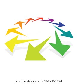 Circular, radial arrows for burst, extension, alignment themes. Dissolve, extend radiating pointer illustration. Expand, radiation cursor, arrow design