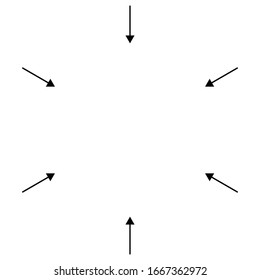 Circular, radial arrows for convergence, shrink, suction, merge concepts. Pointer design for collapse, squeeze themes. 