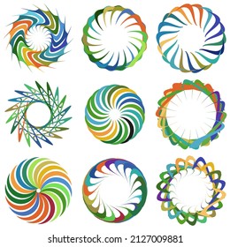 Circular, radial icon, motif, mandala shape. Swirl, twirl, helix, volute rotation geometric design element. Abstract circle