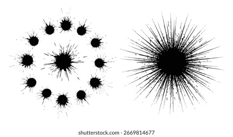 kreisförmige und radiale Tintenflecken, schwarze Tintenflecken auf weißem Hintergrund, abstrakte Tintenflecken