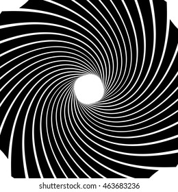 Circular radial linese geometric pattern. Converging - radiating lines with spiral, swirl distortion effect. Black and white abstract monochrome illustration