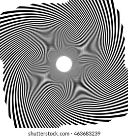 Circular radial linese geometric pattern. Converging - radiating lines with spiral, swirl distortion effect. Black and white abstract monochrome illustration