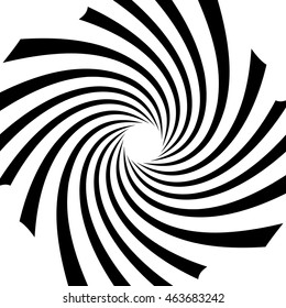 Circular radial linese geometric pattern. Converging - radiating lines with spiral, swirl distortion effect. Black and white abstract monochrome illustration