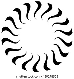 Circular radial - radiating lines. Abstract monochrome geometric element isolated on white with distortion
