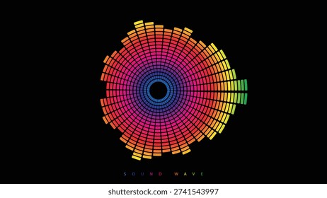 Circular rainbow sound wave equalizer radiating from the center on a black background, vibrant spectrum visualization .