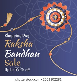 Diseño circular Rakhi en fondo azul profundo. Shopping Day Raksha Bandhan Sale Hasta un 55% de descuento. Ilustración vectorial. Cartel de venta de Rakhi para publicación en redes sociales y anuncios. 55% de descuento.