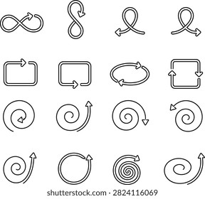 Circular and rectangular arrow icon set with navigation and motion symbols for interface design