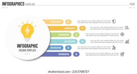 Circular and rectangular infographic template or element with 6 step, process, option, colorful bar, rectangle, circle, light bulb, vertical bullet, minimal, modern style for sale slide, flowchart