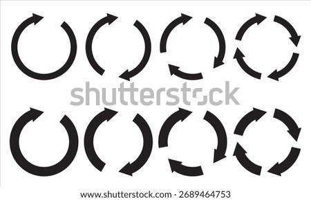 Circular recycle arrow icons collection.  Circular arrow icons representing recycling, rotation, and process cycles. Perfect for eco, refresh, or loop concepts.
