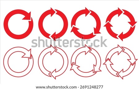 Circular recycle arrow icons collection.  Circular arrow icons representing recycling, rotation, and process cycles. Perfect for eco, refresh, or loop concepts.
