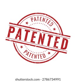 circular red distressed rubber stamp with repeated patented text for official legal and intellectual property