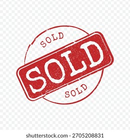Circular red distressed SOLD stamp with bold slanted text in the center