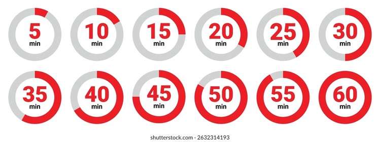  circular red and gray timer icons showing 5 to 60 minutes in increments used for countdown or tracking