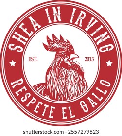 Circular red logo for chicken farm. shea in irving badge design. respete el gallo elegant male emblem graphic illustration icon. red cock with 2 stars in circle