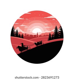 Circular red monochromatic vector silhouette of Santa Claus in a sleigh traveling uphill. Background includes pine forest, village buildings, rolling hills, large sun, and snowy sky.
