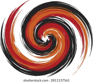 Circular red orange and black painted swirl graphic with abstract circular creative isolated background decoration movement illustration paintstroke backdrop contrast template