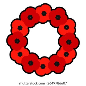 Circular red poppy wreath sticker icon on white background. Clipart image isolated on background.