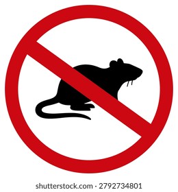A circular red prohibition sign with a black silhouette of a rat inside, indicating no rats or mice allowed in the area.