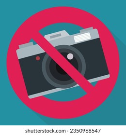 Circular red prohibition symbol with a crossed out classic camera on a blue background with shadow in flat design style