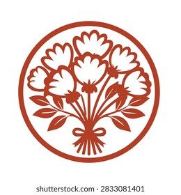 A circular red stamp design featuring a stylized bouquet of flowers tied with a ribbon surrounded by leaves