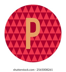 Circular red triangular pattern design featuring a bold golden letter “P” in the center, modern geometric style, perfect for branding, logos, or decorative uses in creative projects.