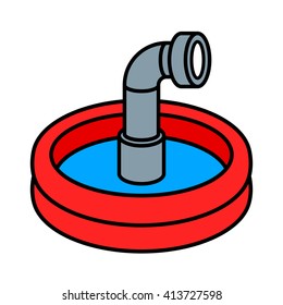 Circular red wading pool with cute little steel periscope peeking up through the blue water