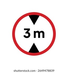 A circular red-bordered sign displays "3m" between two black arrowheads, top pointing down, bottom up, against a bright white background, flat and informational.