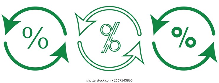 Icono de porcentaje de actualización circular. Símbolo de ciclo porcentual. Indicador de porcentaje rotativo. Rotación. Icono de tasa de actualización con porcentaje. Flechas circulares formando un bucle continuo eps 10