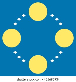 Circular Relations vector toolbar icon. Style is bicolor flat icon symbol, yellow and white colors, blue background, rhombus dots.